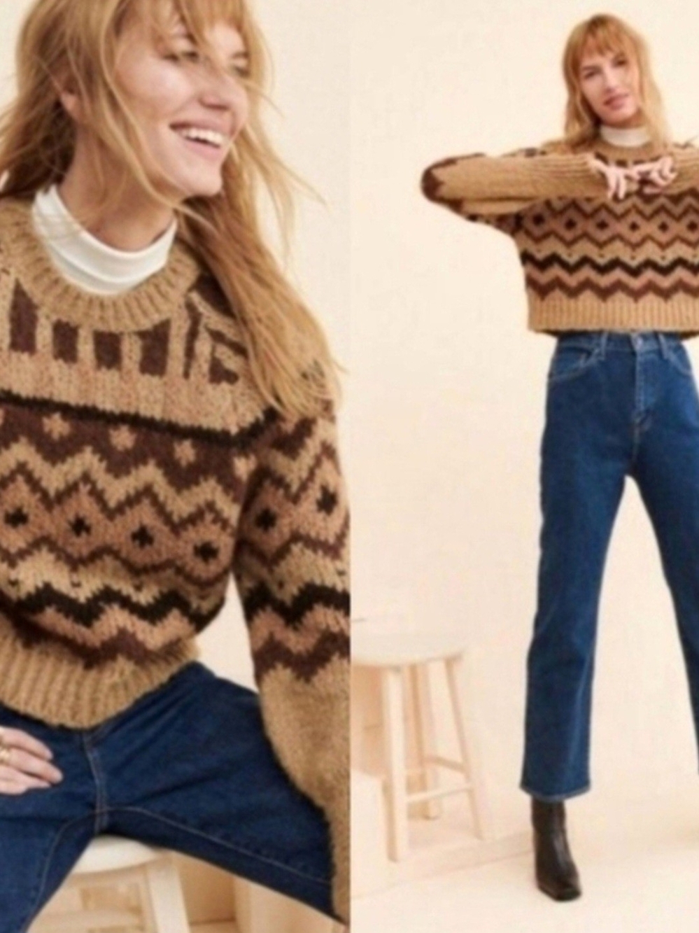 By Anthropologie Caramel Chai Carson Fair Isle Geo Chunky Knit  Crewneck Sweater - Picture 6 of 7